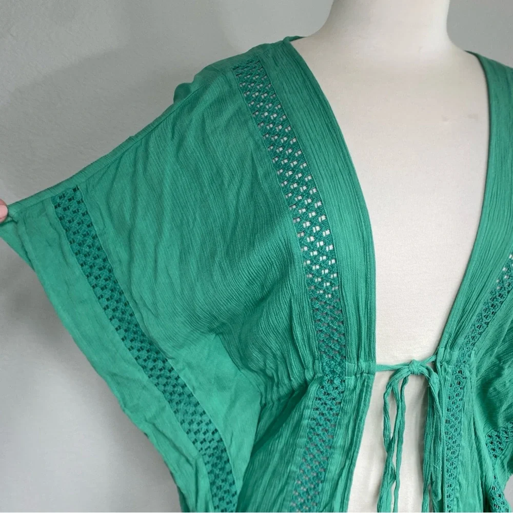 Elan Women’s Green Gauzy Rayon Crochet Tie Front Kimono Size XS Beach Tropical